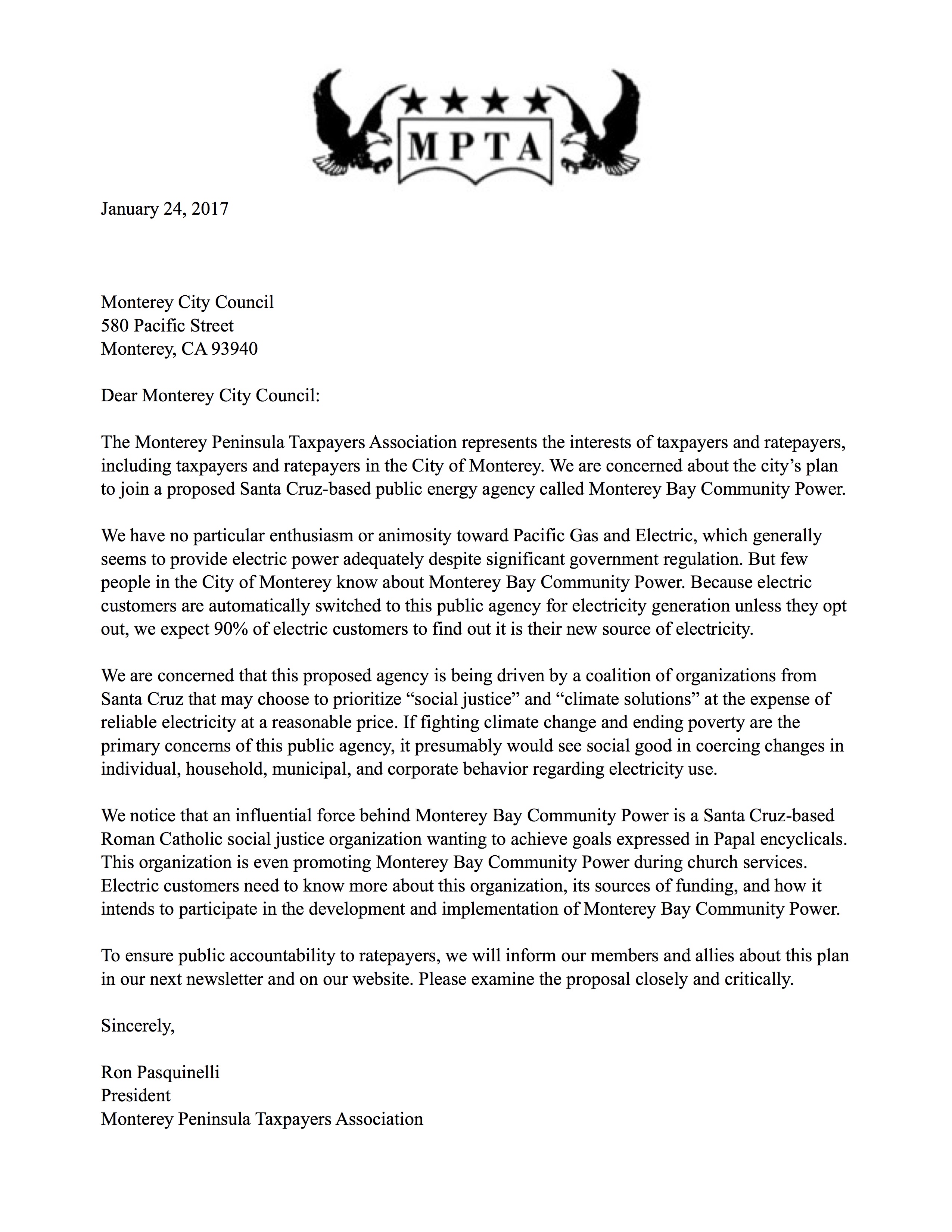 Letter to Monterey City Council from Monterey Peninsula Taxpayers Association on Community Choice Aggregation - January 24 2017